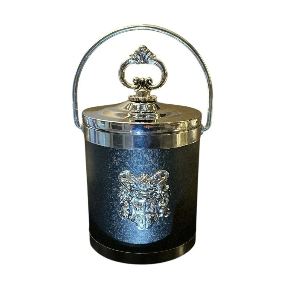 Vintage Black Ice Bucket With Coat Of Arms Plastic Liner W/tongs Made in France